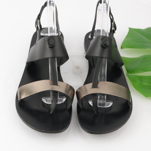 Bahia Womens Sandal Size 10 Black Gold Flat Leather Roman Thong Slingback Italy - Picture 2 of 14